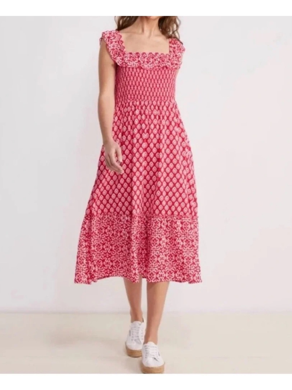 Vineyard Vines Pink Patterned Smocked Midi Dress